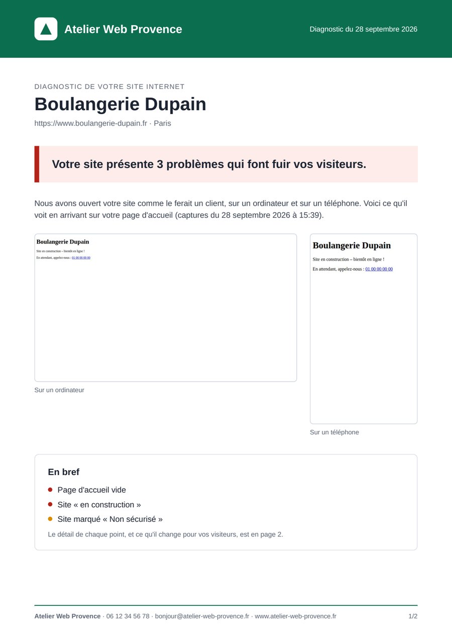 Première page d'un rapport PDF : diagnostic d'une boulangerie dont le site est vide et marqué non sécurisé